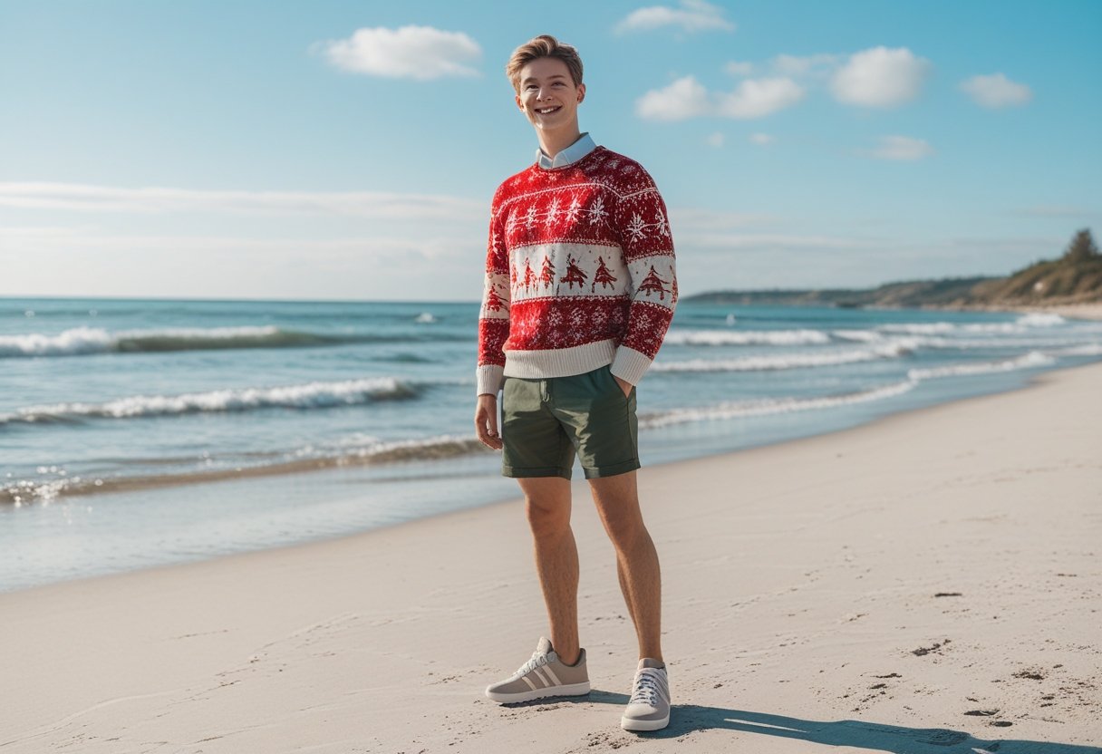 Sådan kombinerer du julesweateren med strandsko til sommerbrug